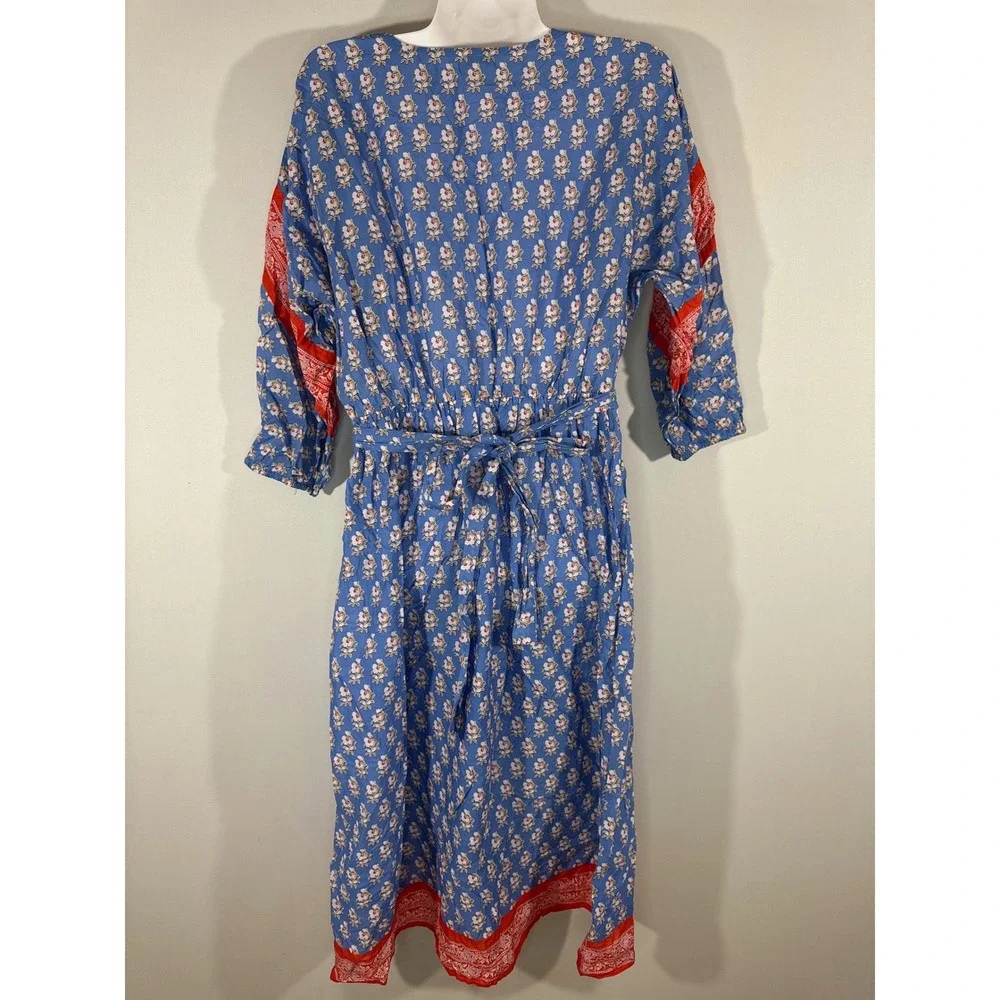 J. Crew Beachwear Blue Red Floral Block‎ Print Midi Dress Tie Waist Women's XS